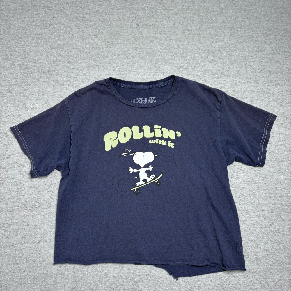 Peanuts Womens Snoopy Skateboard Graphic Tee L Navy Rollin With It Cropped Shirt